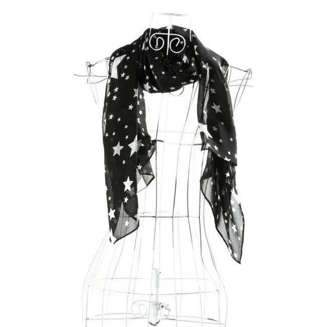 Super Softblack White Stars Long Chiffon Neck Wrap Scarf Stole 1