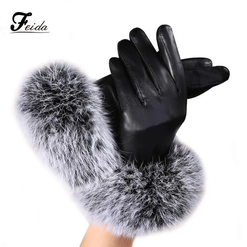 Super Women Leather Gloves Luva Warm Rabbit Fur Gloves Mittens 1