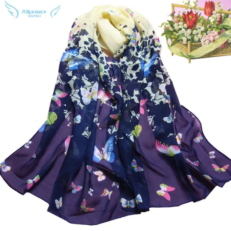 Superbwomen Butterfly Printed Flower Wrap Shawl Soft Muffler Chiffon Scarf Feida 1