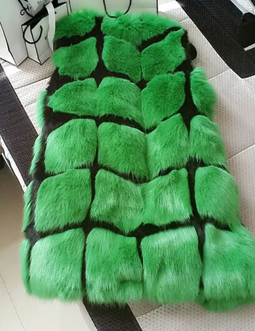 Supper Quality Patchwork Square Plaid Long Hairy Shaggy Long Faux Fox Fur Vest Women Sleeveless Jacket Fuzzy Coat Outerwear 1