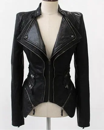 Supper ~ Women Spliced Snake Pattern Shrug Shoulder Pads Double Lapels Zipper Exposed Asymmetric Faux Leather Biker Jacket Coat 1