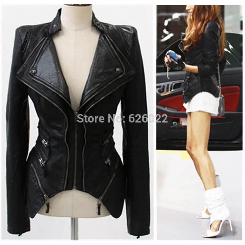 Supper ~ Women Spliced Snake Pattern Shrug Shoulder Pads Double Lapels Zipper Exposed Asymmetric Faux Leather Biker Jacket Coat 2