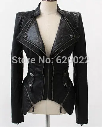 Supper ~ Women Spliced Snake Pattern Shrug Shoulder Pads Double Lapels Zipper Exposed Asymmetric Faux Leather Biker Jacket Coat 5