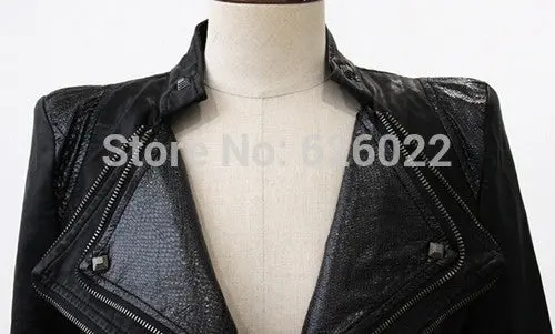 Supper ~ Women Spliced Snake Pattern Shrug Shoulder Pads Double Lapels Zipper Exposed Asymmetric Faux Leather Biker Jacket Coat 6