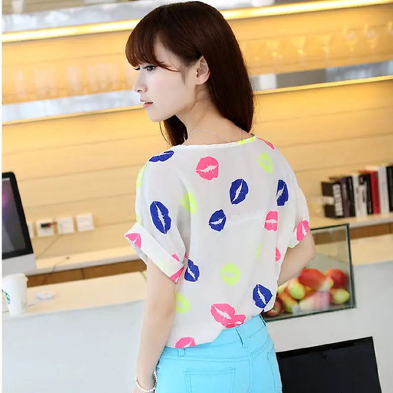 Supre Women Colorful Lips Print Short Sleeve Chiffon Top Shirt Blouses In Forward 3