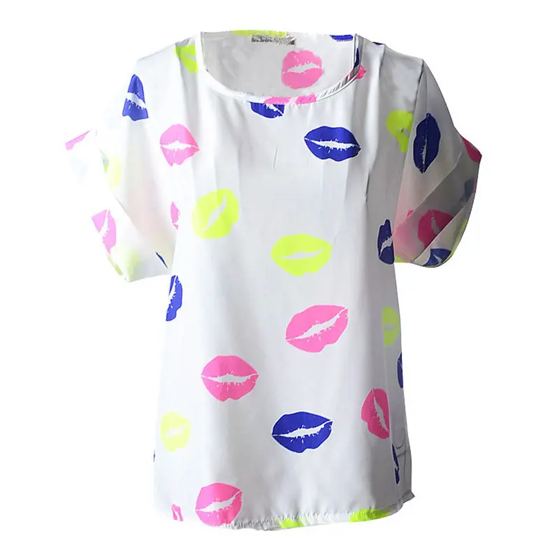 Supre Women Colorful Lips Print Short Sleeve Chiffon Top Shirt Blouses In Forward 4