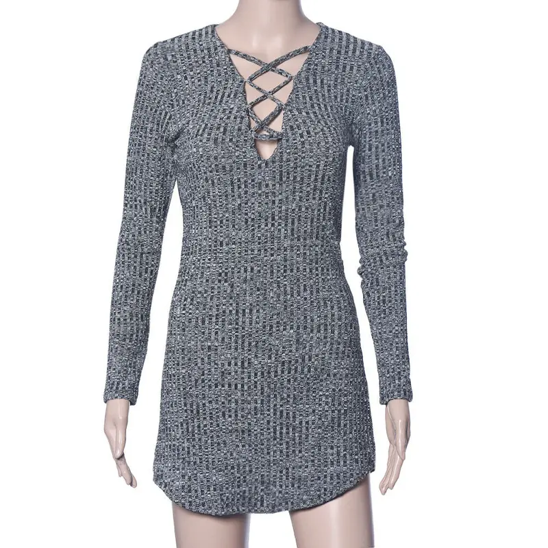 Sweater Dress Sexy Women Lace Up Long Sleeved Elasticity Dresses Bodycon Slim Mini Vestido Plus Size 3