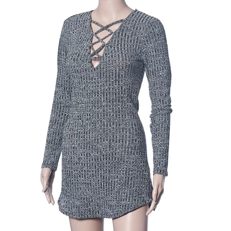 Sweater Dress Sexy Women Lace Up Long Sleeved Elasticity Dresses Bodycon Slim Mini Vestido Plus Size 4