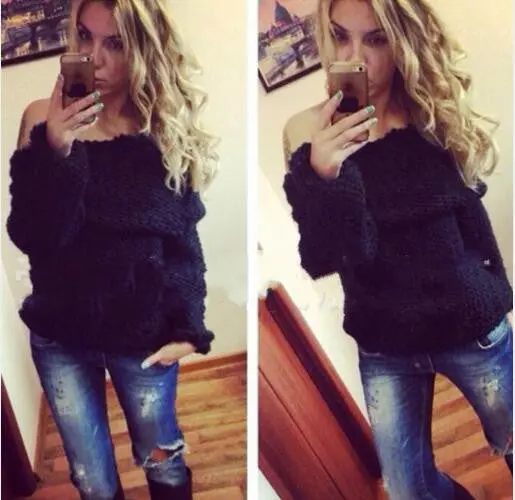 Sweater Tops Women Sexy Slash Neck Off Shoulder Pullover Sweater Loose Knitted Sweaters Oversized Sweater M0457 1