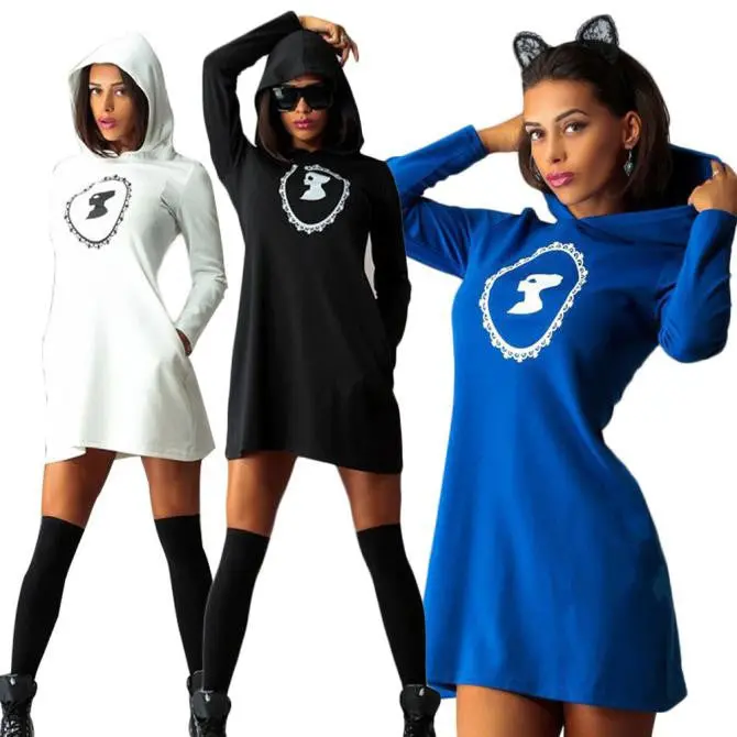 Sweatshirt Dress Women's Casual Long Sleeve Hooded Front Pocket Sweatshirt Robe Dress Big Sizes Robe Ropa Mujer 4