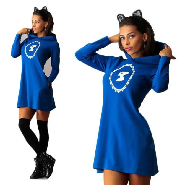Sweatshirt Dress Women's Casual Long Sleeve Hooded Front Pocket Sweatshirt Robe Dress Big Sizes Robe Ropa Mujer 6