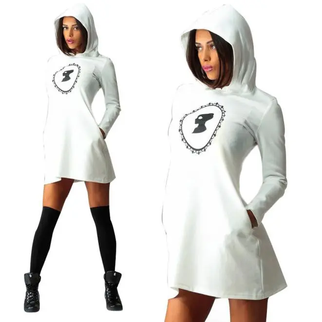 Sweatshirt Dress Women's Casual Long Sleeve Hooded Front Pocket Sweatshirt Robe Dress Big Sizes Robe Ropa Mujer 7
