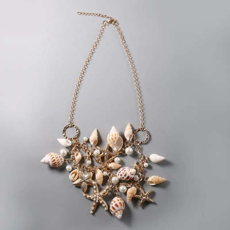 Sweet Chunky Gold Tone Sea Shell Star Fish Faux Pearl Necklace 1