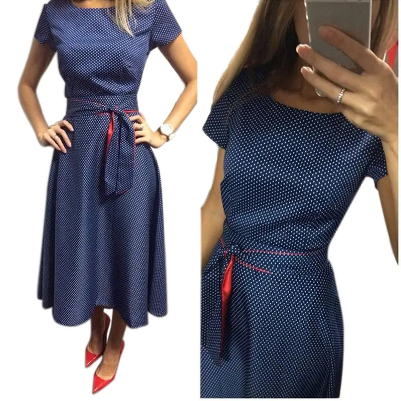 Sweet Dress Plus Size Women Casual Retro A-Line Polka Dot Short Sleeve O-Neck Dress With Belt 1