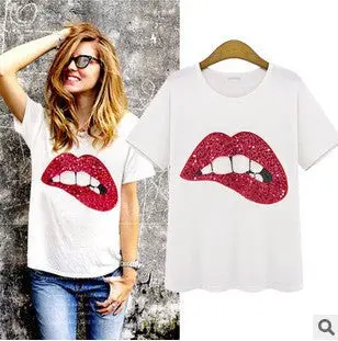 T Shirt Sequined Mouth Print T-Shirt Women Tops Casual Short Sleeve Cotton T-Shirts For Women S-Xl 1