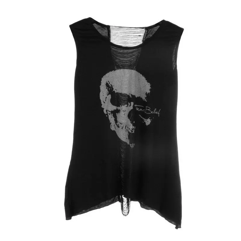 T Shirt Vintage Tassel Open Top Back Skull Punk Singlet Long Tee T-Shirts,Sexy Lady Top 1