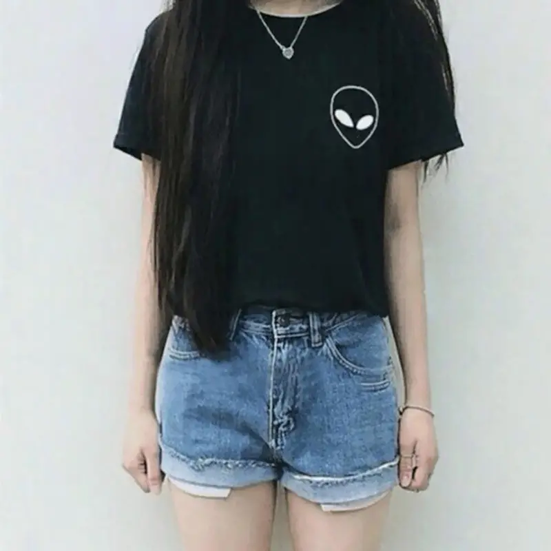 T Shirt Women Style Unique Print Tops Short Sleeve T-Shirts Casual Crop Top Alien Printing T-Shirt 1