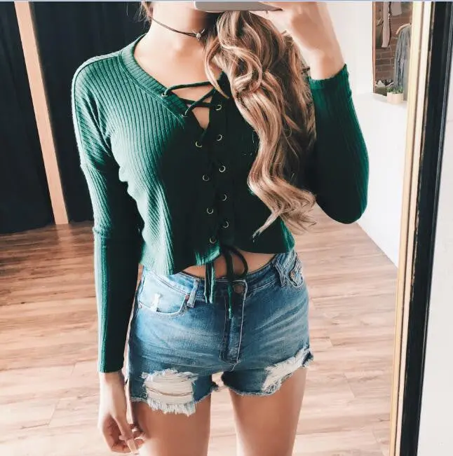 T Shirt Women Tee Shirt Femme Knitted Crop Top Long Sleeve Short Cross Bandage T-Shirts Cropped Top Gv425 5