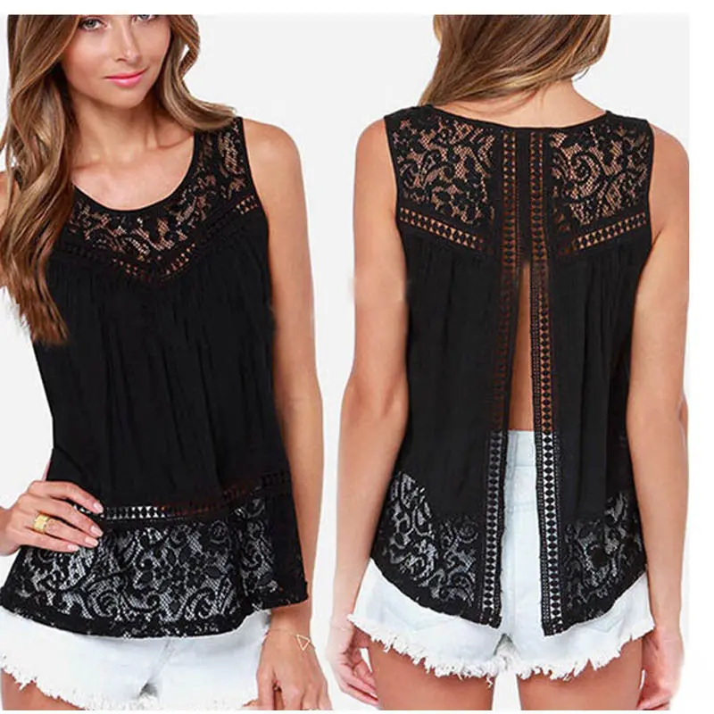 T Shirt Women Unique Tops Sleeveless Tshirts Women Plus Size T Shirt Crochet Lace Tee 1