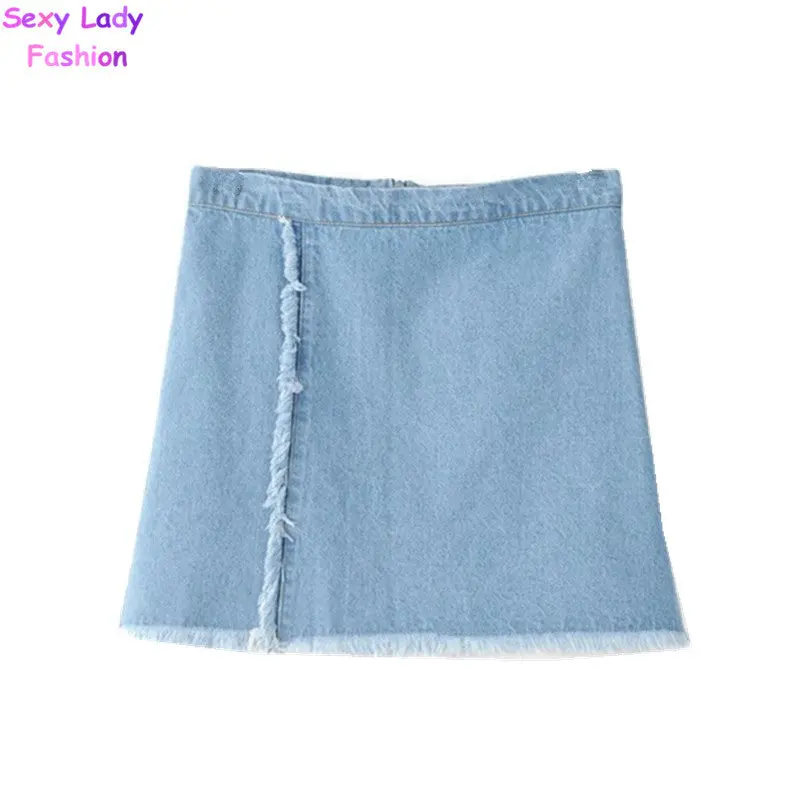 Tassel Fringed A Line Mini Short Denim Skirt Women High Waist Jeans Skirts Femme Washed Light Blue Color S M L 2