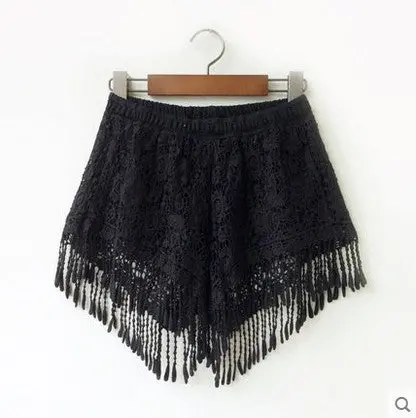 Tassel Lace Shorts Floral Crochet Beach Holiday Shorts Women Black White Elastic Waist Short Feminino 1
