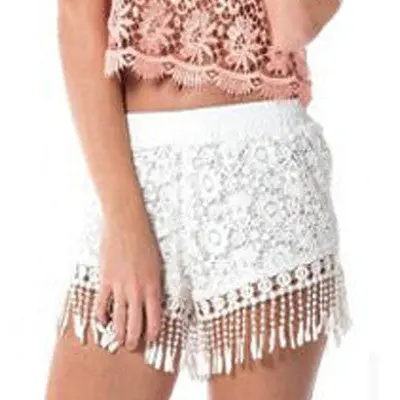 Tassel Lace Shorts Floral Crochet Beach Holiday Shorts Women Black White Elastic Waist Short Feminino 4