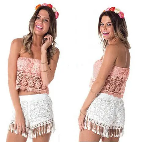 Tassel Lace Shorts Floral Crochet Beach Holiday Shorts Women Black White Elastic Waist Short Feminino 5