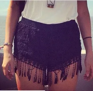 Tassel Lace Shorts Floral Crochet Beach Holiday Shorts Women Black White Elastic Waist Short Feminino 6