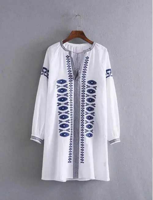 Tassel Lace Up Blue White Geometric Embroidery Dress Ethnic Woman Strappy Dresses Femme Streamer Long Sleeve Dress 1