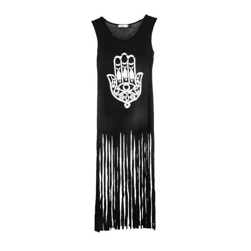 Tassel Long Dress Black Long Cotton Casual Punk Dress Sleeveless Straight Hand Print Dresses 1