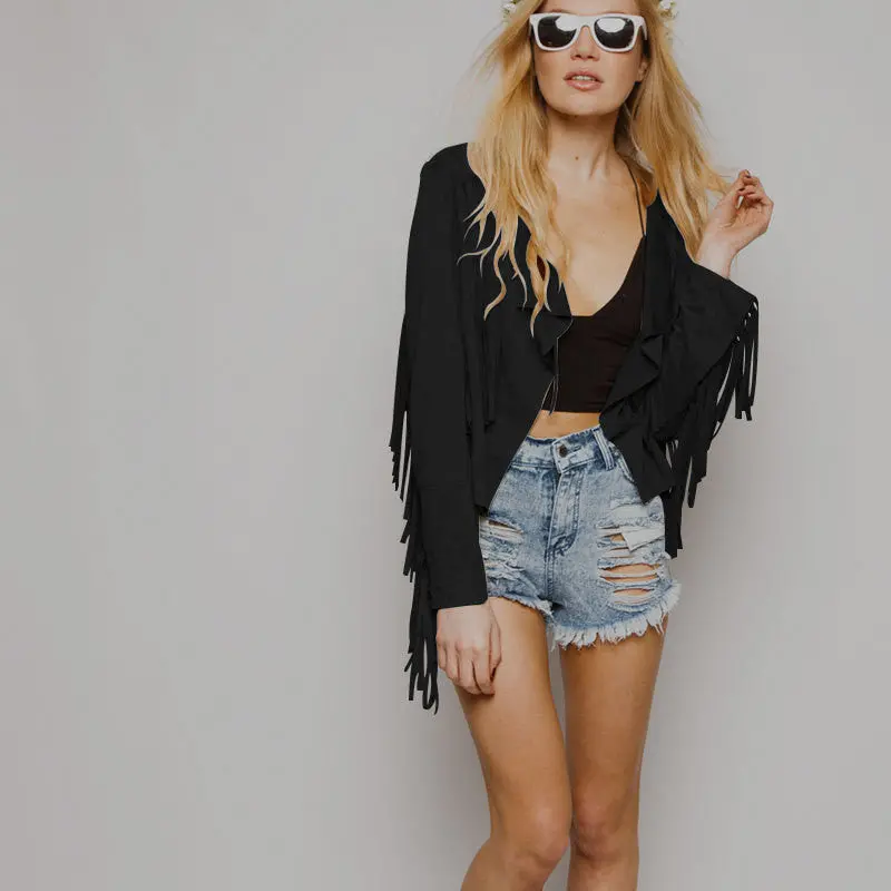 Tassel Women Jacket Slim Short Women Coats And Jackets Vintage Faux Sueded Fringe Coat Women 1