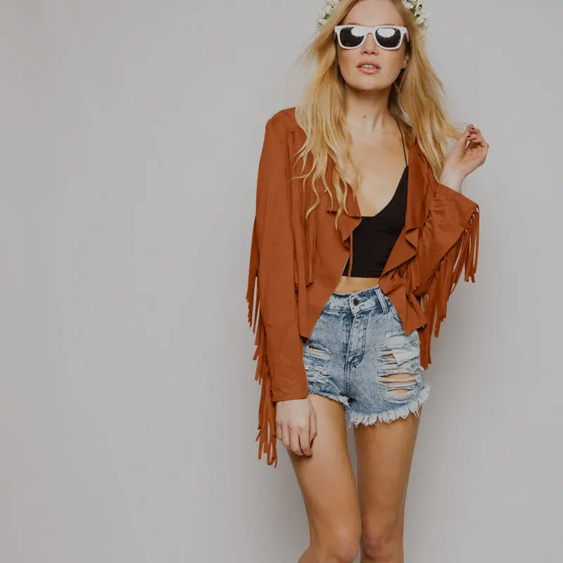 Tassel Women Jacket Slim Short Women Coats And Jackets Vintage Faux Sueded Fringe Coat Women 9