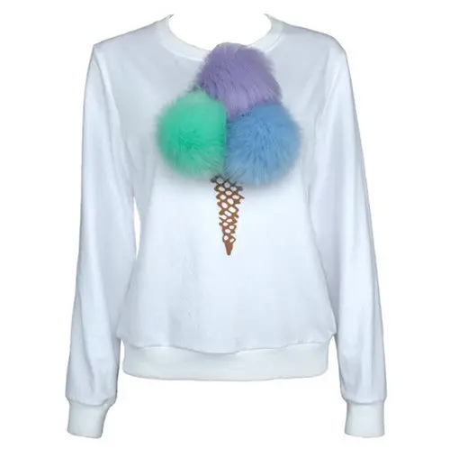 Textured Faux Fur Sweatshirt Featuring 3D Ice Cream Pom-Poms in Multiple Hues