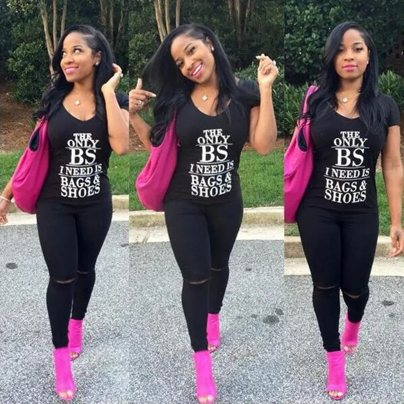The Only Bs I Need Is Bags&Shoes " Letter Print Women T Shirt Women Tops Short Sleeve Black Womens T Shirts 1