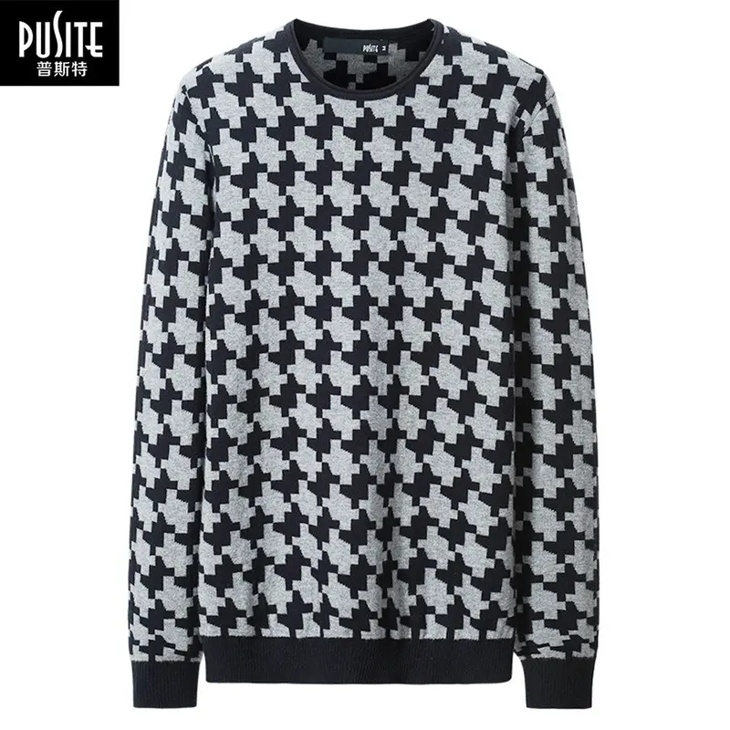 Thick Kintwear Gray England Retro Houndstooth Pullover Elastic Slim O-Neck Sweater 1