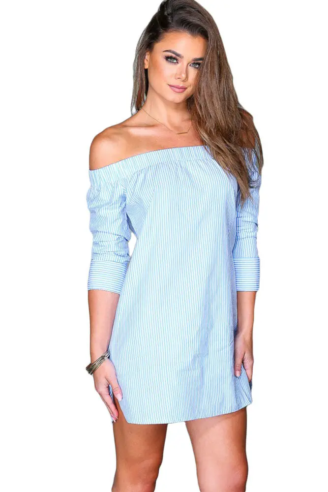 Three Quarter Long Sleeve Striped Dress Off Shoulder Dress Elegant Slash Neck Long Loose T Shirt Mini Dress 1