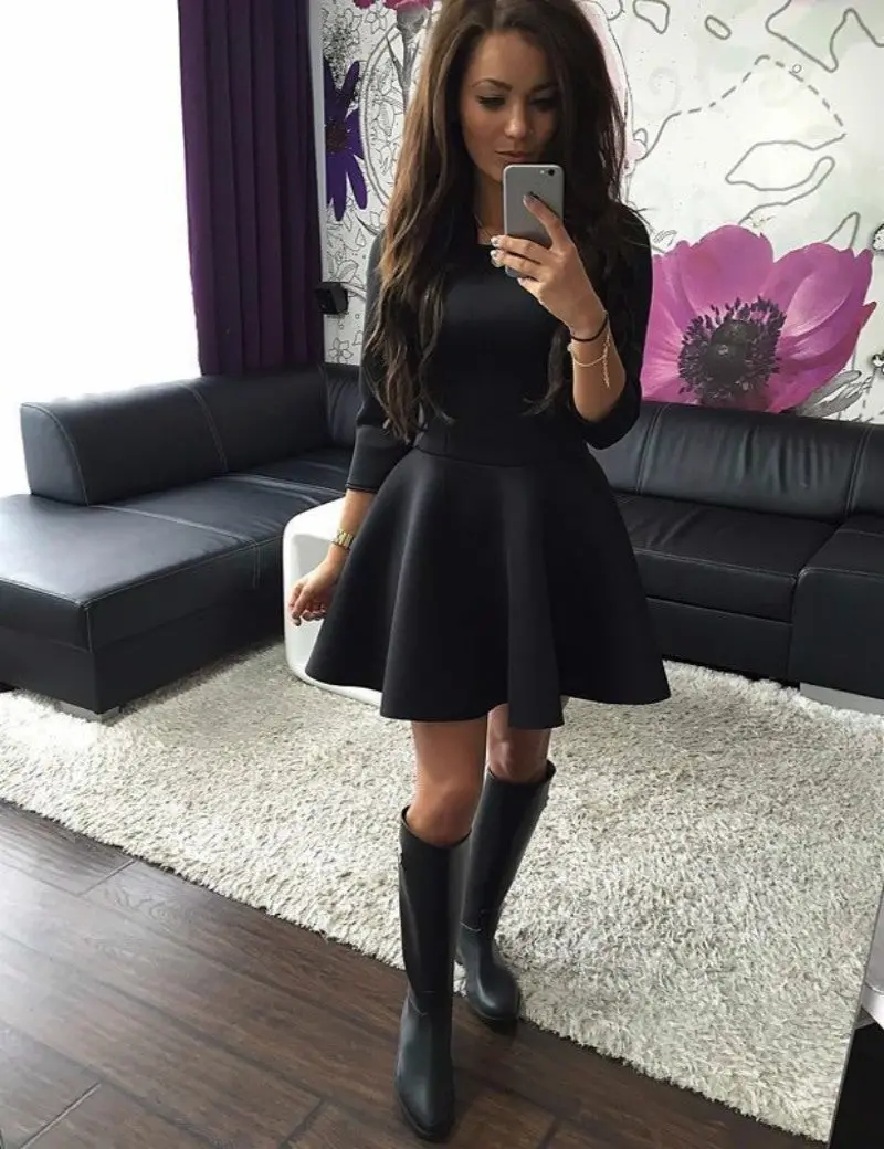 Three Quarter Sleeve Slim Ball Gown Pleated Mini Dress Women's Sexy High Waist Bodycon Mini Skater Dress Vestidos Gv250 7