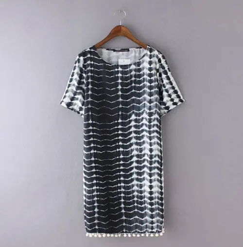Tie Dye Print Hairball Tassel Hem Shift Dress Woman O Neck Short Sleeve Casual Short Dress Tops S M L 1