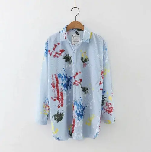 Tie-Dye Print Vertical Striped Shirt Women Lapel Long Sleeve Blouse Tops Blusas Chemise Femme Blusa 1