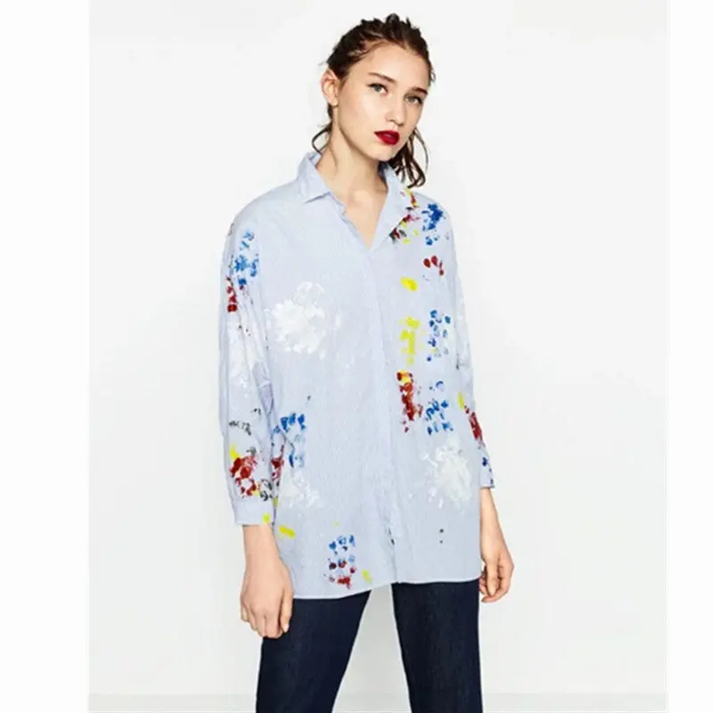 Tie-Dye Print Vertical Striped Shirt Women Lapel Long Sleeve Blouse Tops Blusas Chemise Femme Blusa 2