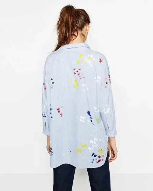 Tie-Dye Print Vertical Striped Shirt Women Lapel Long Sleeve Blouse Tops Blusas Chemise Femme Blusa 3