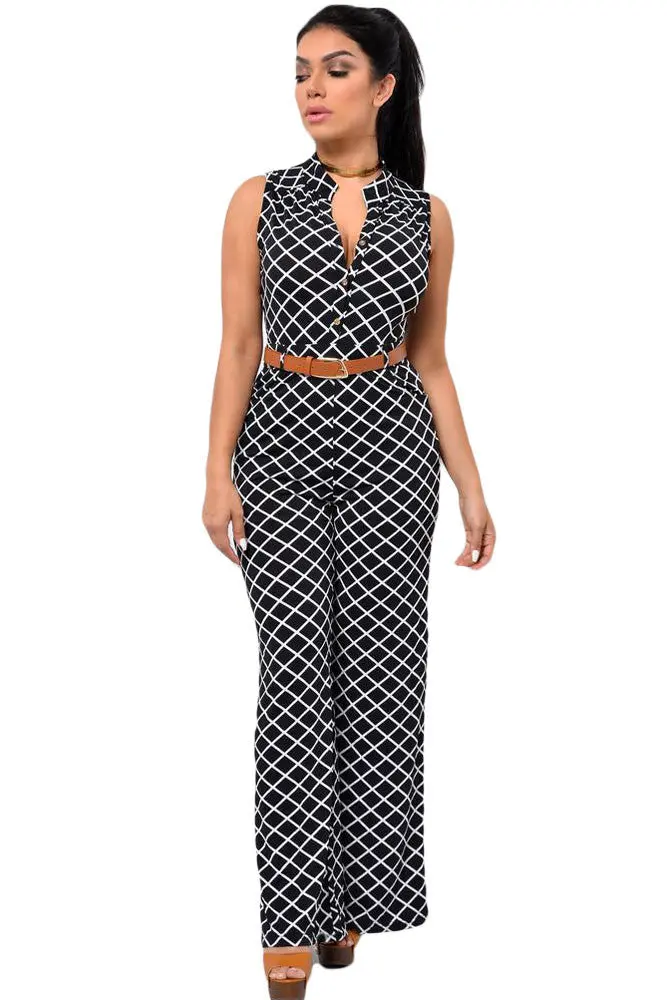 Tightening Belt Geometric Print Rompers Long Jumpsuit Sleeveless Overalls For Wide Leg Jumpsuit 1