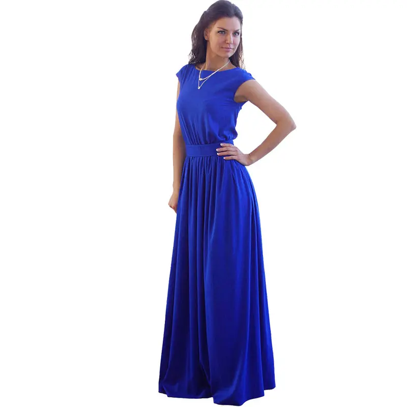 Tightening Belt Royal Blue Pleated Long Dress Party Evening Elegant Sleeveless Maxi Dress C959 1