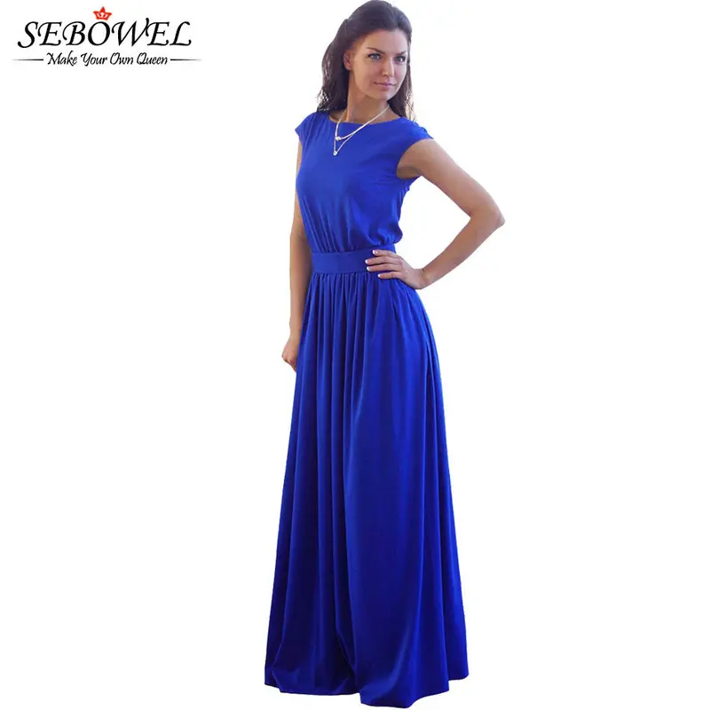 Tightening Belt Royal Blue Pleated Long Dress Party Evening Elegant Sleeveless Maxi Dress C959 2