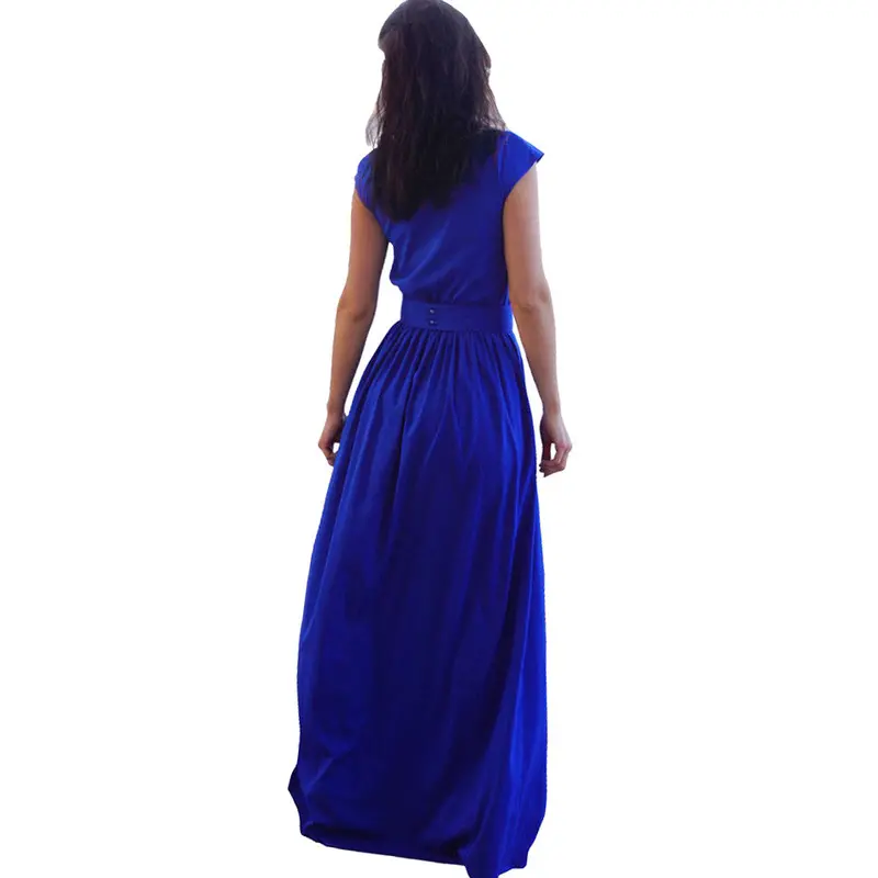 Tightening Belt Royal Blue Pleated Long Dress Party Evening Elegant Sleeveless Maxi Dress C959 3