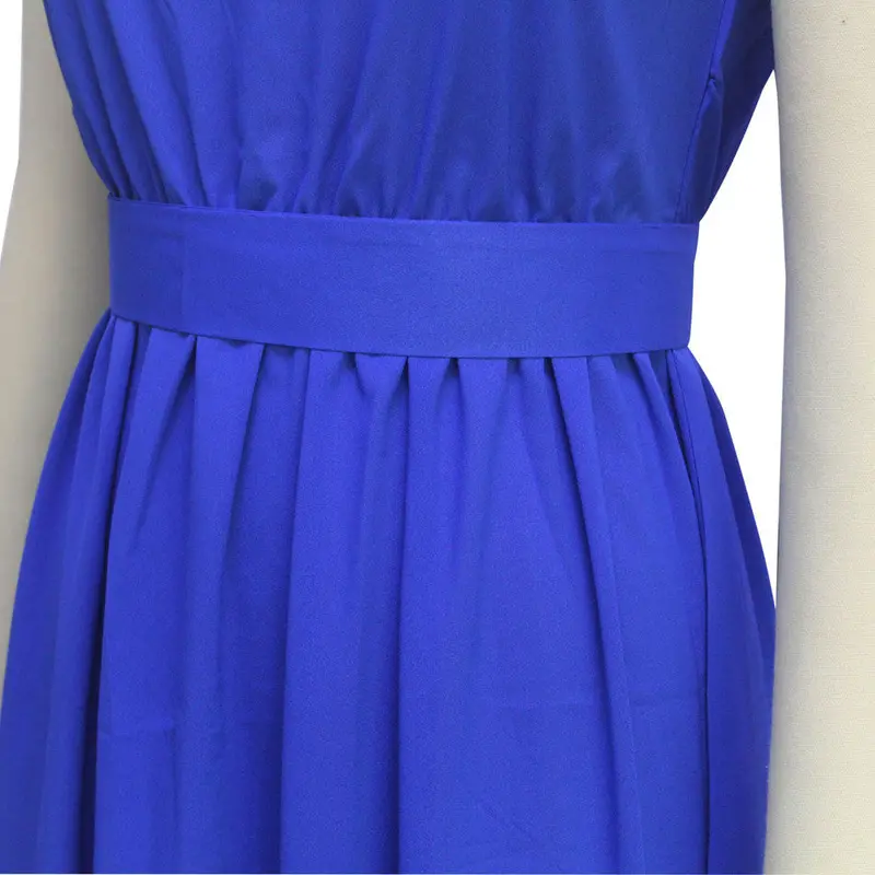 Tightening Belt Royal Blue Pleated Long Dress Party Evening Elegant Sleeveless Maxi Dress C959 4