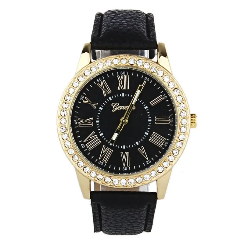 Top Geneva Rhinestone Watch Women Leather Quartz Clock Roman Numerals Faux Wrist Watch Relogio Feminino Relojes 1