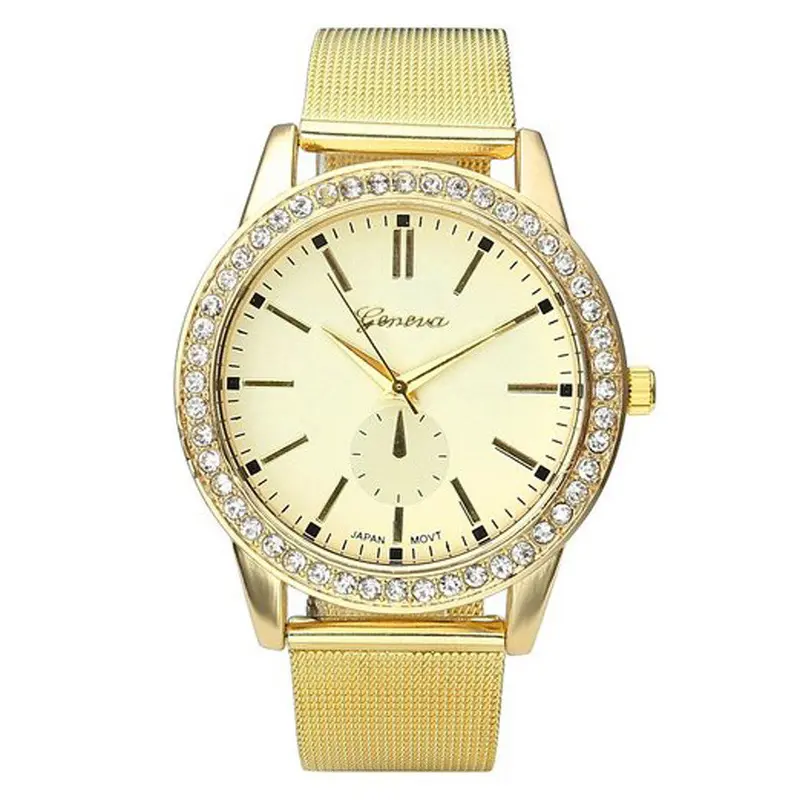 Top Geneva Watch Women's Stainless Steel Gold Watches Rhinestone Crystal Quartz Wrist Watch Girls Bracelet Reloj 1