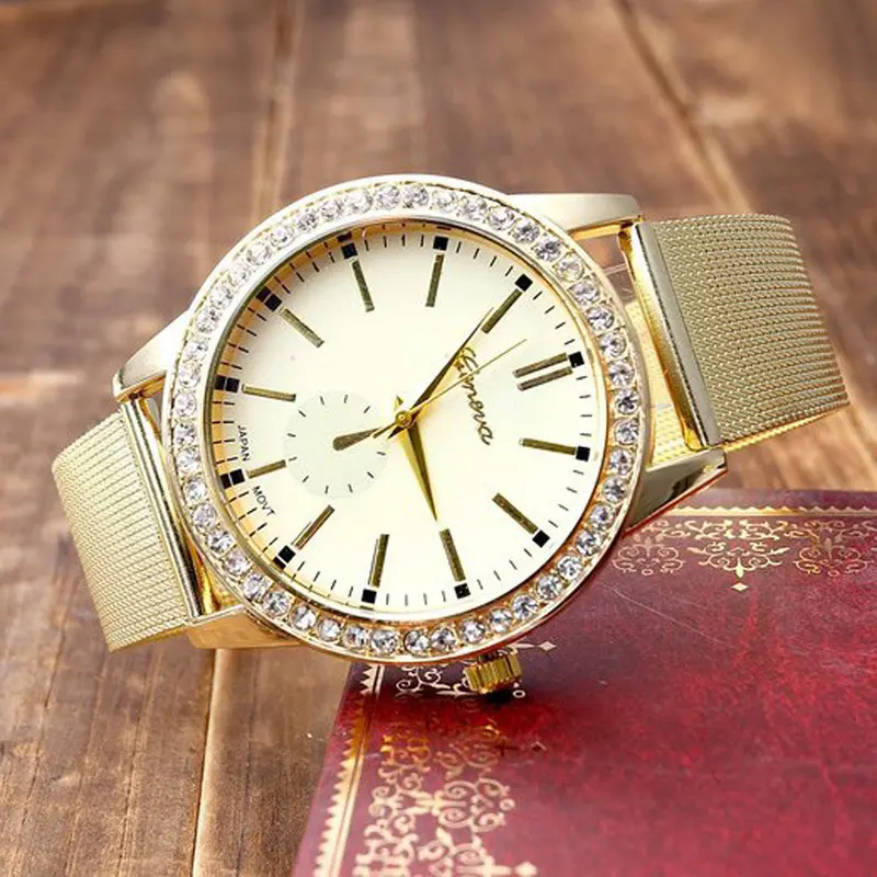 Top Geneva Watch Women's Stainless Steel Gold Watches Rhinestone Crystal Quartz Wrist Watch Girls Bracelet Reloj 2