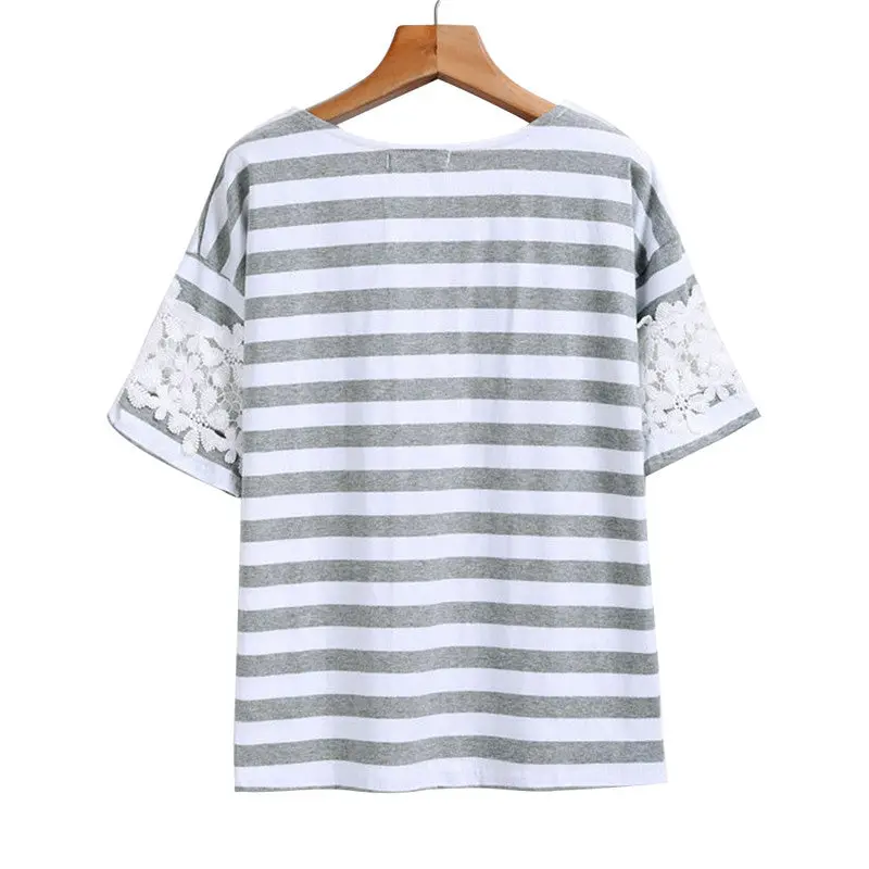 Top New Striped Short-Sleeve Lace Patchwork Loose Cotton O Neck T-Shirt Fashion Women Casual Lace T-Shirts 1